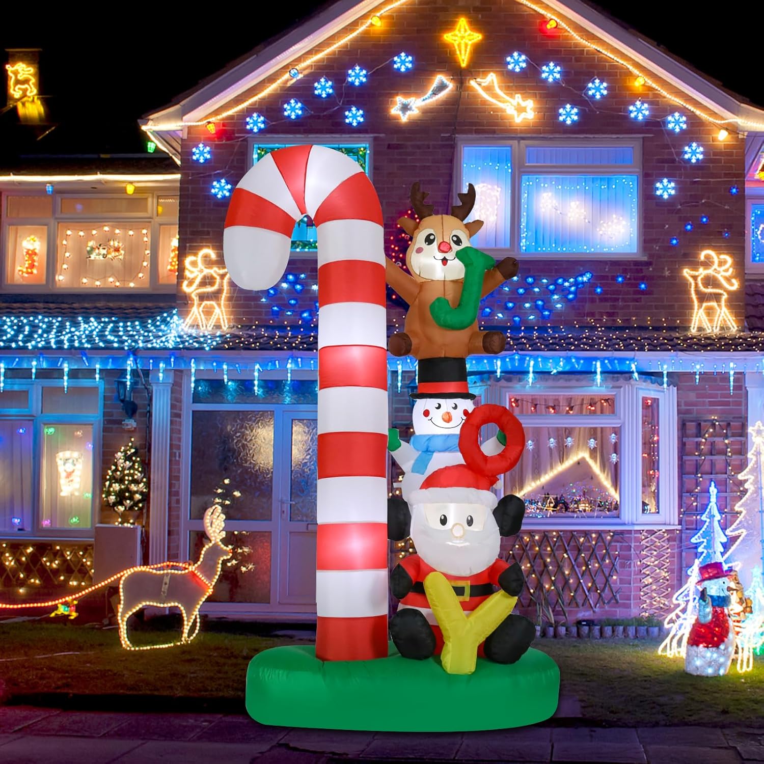 Christmas Inflatables Outdoor Decoration 8 FT Santa Claus Joy Reindeer Snowman Candy Cane Inflatable with LED Light Christmas Blow Up for Lawn Garden Holiday Party Yard Xmas Decor